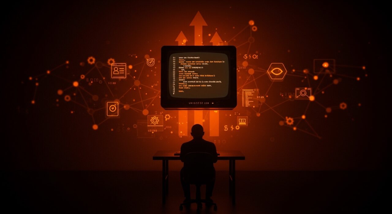 Reflexión sobre la filosofía Unix en 2026 representada mediante una silueta ante un terminal vintage y elementos visuales de desarrollo de software y tendencias tecnológicas.