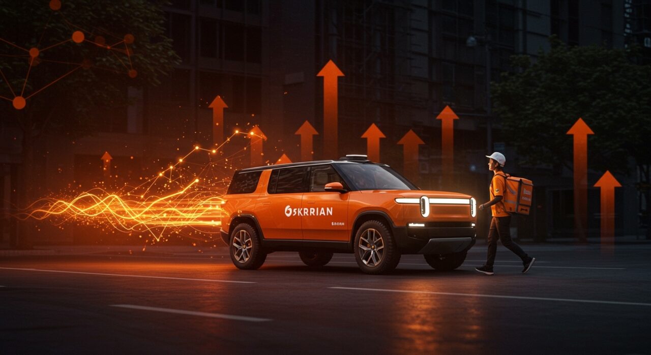 Vehículo autónomo de reparto de Rivian impulsado por DoorDash, símbolo de financiación récord en tecnología de movilidad autónoma.