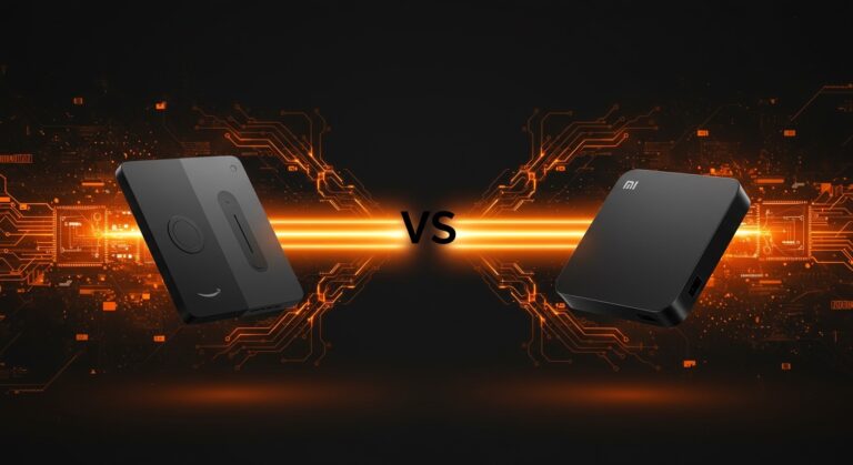 Comparativa visual del Fire TV Stick y Xiaomi TV Box S destacando streaming 4K HDR y conectividad en dispositivos de entretenimiento streaming 2026.