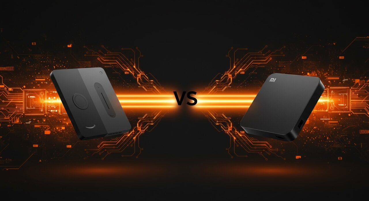 Comparativa visual del Fire TV Stick y Xiaomi TV Box S destacando streaming 4K HDR y conectividad en dispositivos de entretenimiento streaming 2026.