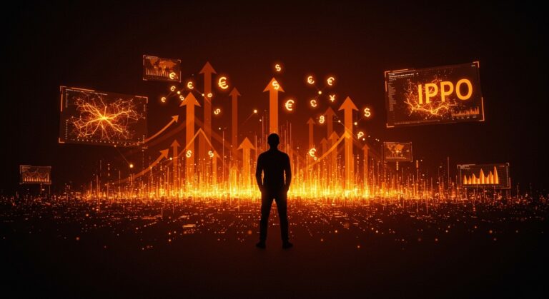 Líder tecnológico frente a ciudad digital futurista mostrando escalabilidad, inteligencia artificial y financiamiento para IPO de startup Firmus IA.