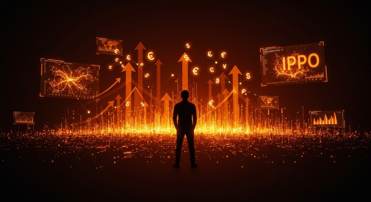 Líder tecnológico frente a ciudad digital futurista mostrando escalabilidad, inteligencia artificial y financiamiento para IPO de startup Firmus IA.