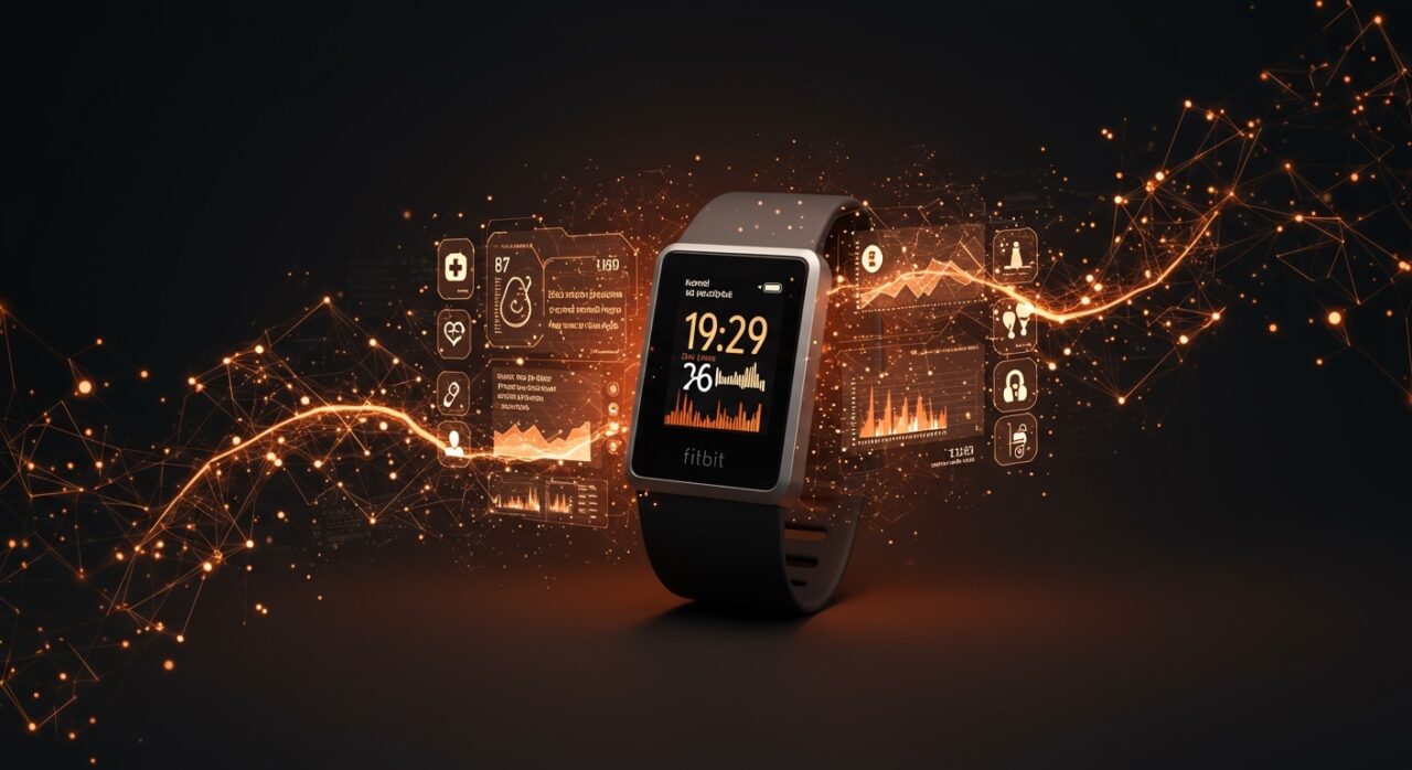 Dispositivo Fitbit mostrando datos de salud con interfaz de IA y registros médicos para personalización en salud digital.