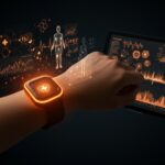 Dispositivo Fitbit con IA mostrando análisis de datos médicos para coaching de salud personalizado en salud digital wearable.