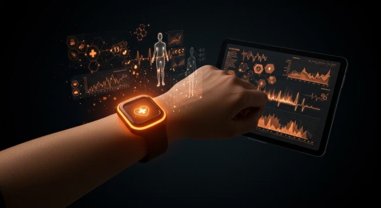 Dispositivo Fitbit con IA mostrando análisis de datos médicos para coaching de salud personalizado en salud digital wearable.