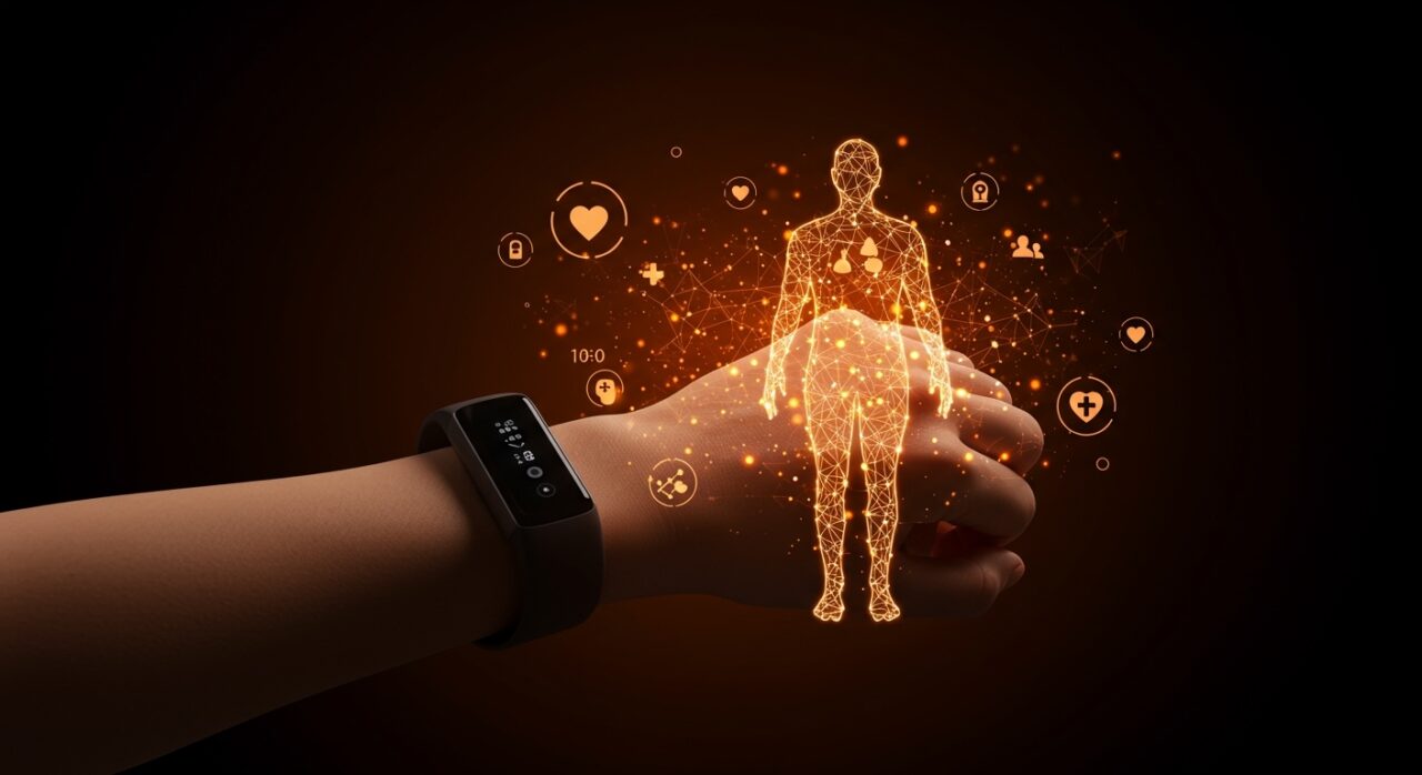 Fitbit wearable mostrando integración de registros médicos con inteligencia artificial para coaching personalizado de salud digital.