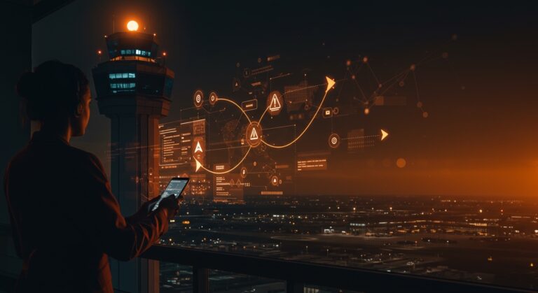 Alertas en tiempo real de disrupciones aeroportuarias automatizadas por Flighty en tecnología travel tech.