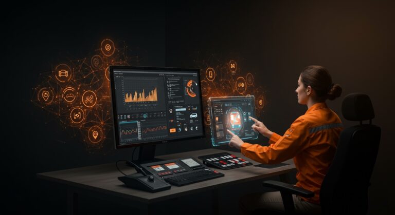Gestión de flotas con inteligencia artificial Ford Pro AI monitoreando cinturones y optimizando combustible en un entorno profesional.