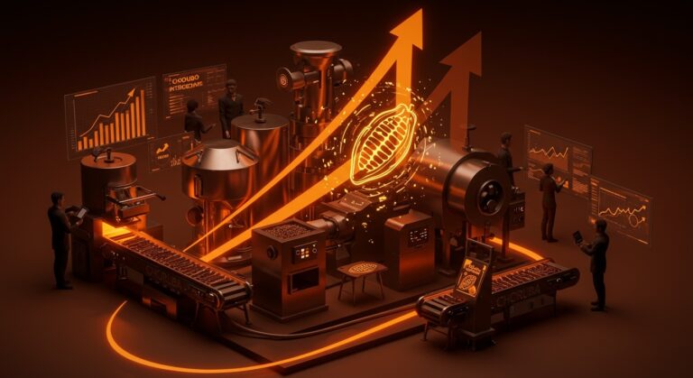 Línea de producción industrial y emprendedores colaborando en la expansión de ingrediente alternativo al chocolate Choruba en Europa con funding.