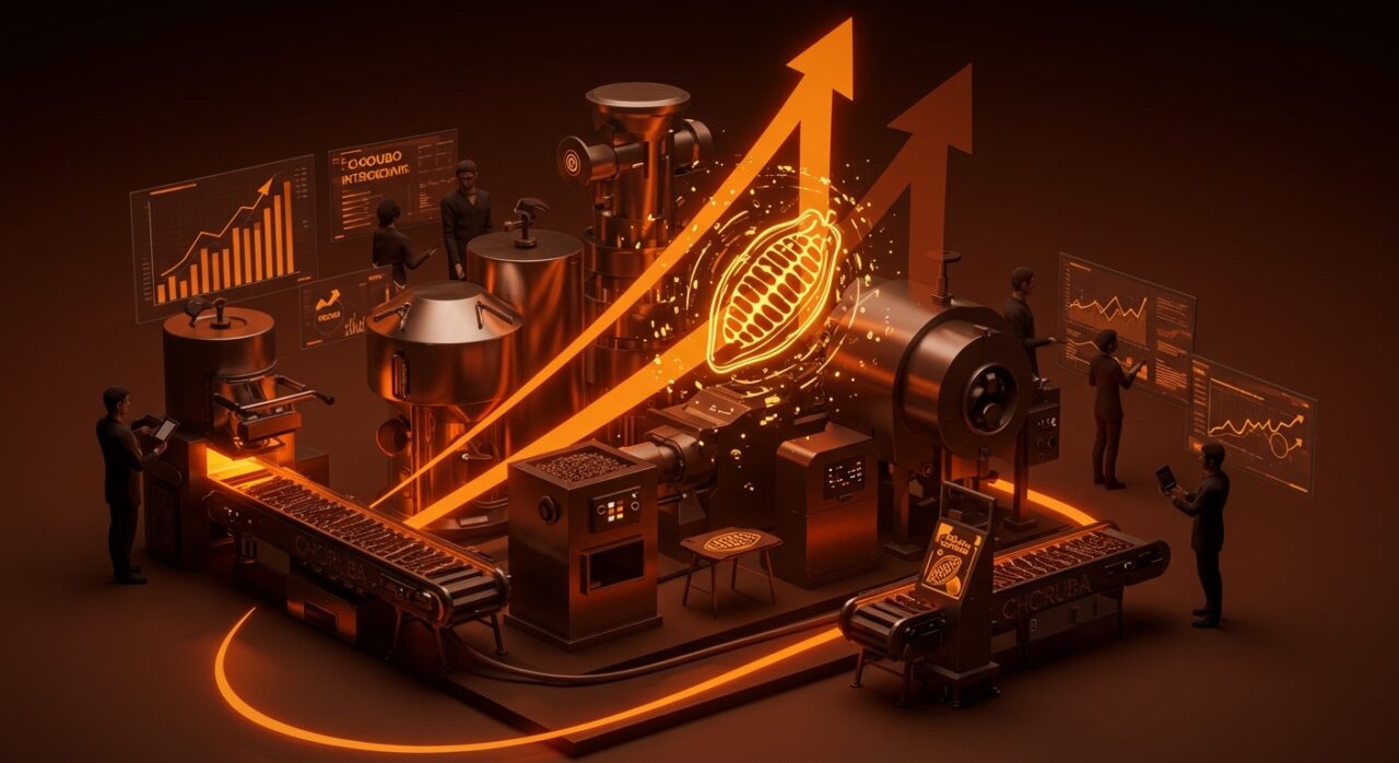 Línea de producción industrial y emprendedores colaborando en la expansión de ingrediente alternativo al chocolate Choruba en Europa con funding.