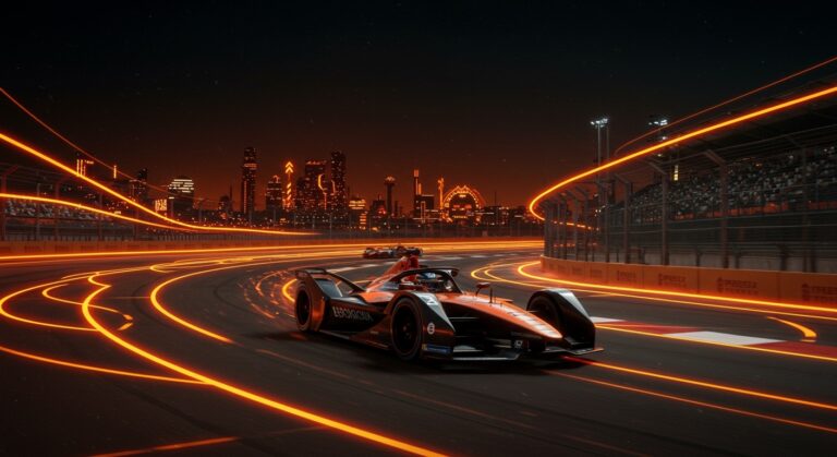 Carrera de Fórmula E en el Circuito del Jarama resaltando movilidad eléctrica, sostenibilidad e innovación deportiva.