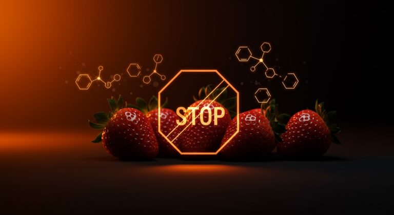 Fresas españolas con símbolo de prohibición representando veto por pesticidas y regulación alimentaria en Europa.