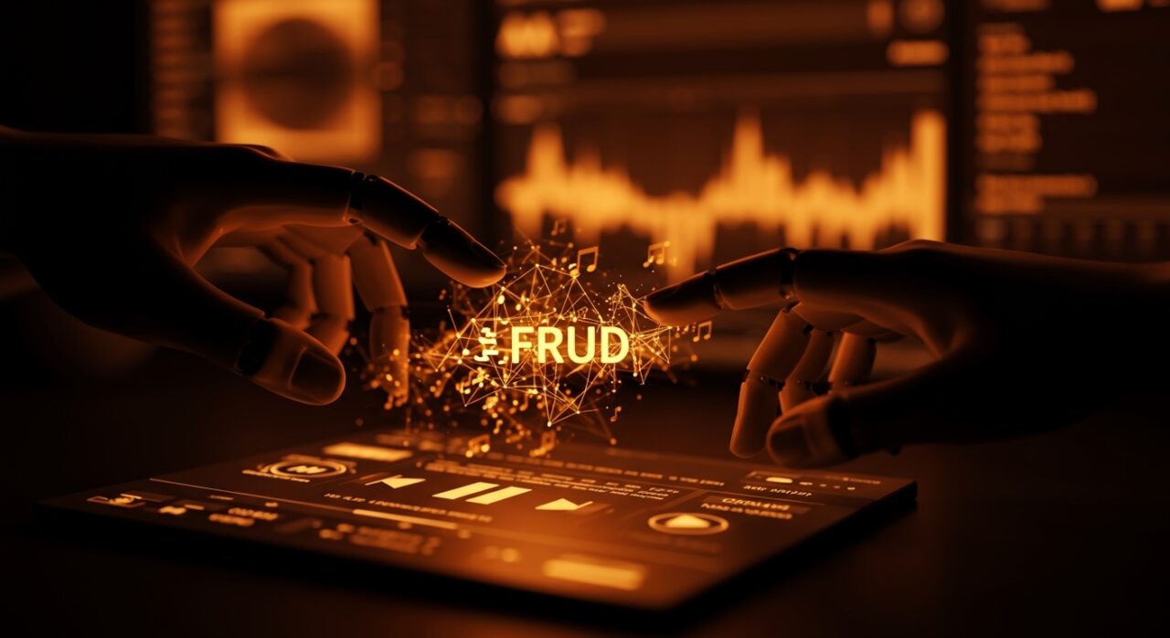 Fraude con inteligencia artificial en la industria musical ilustrado mediante manos robóticas manipulando una interfaz de streaming, destacando riesgos en royalties y tecnología.