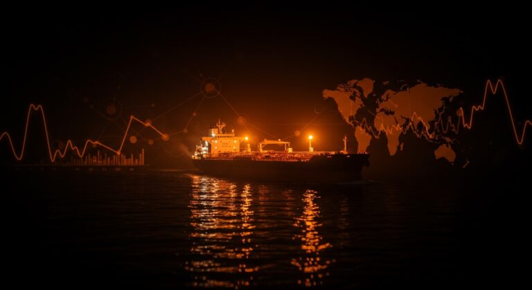 Impacto de la guerra en Irán en el precio del fuel oil con un petrolero navegando el Estrecho de Ormuz y cadenas de suministro globales.