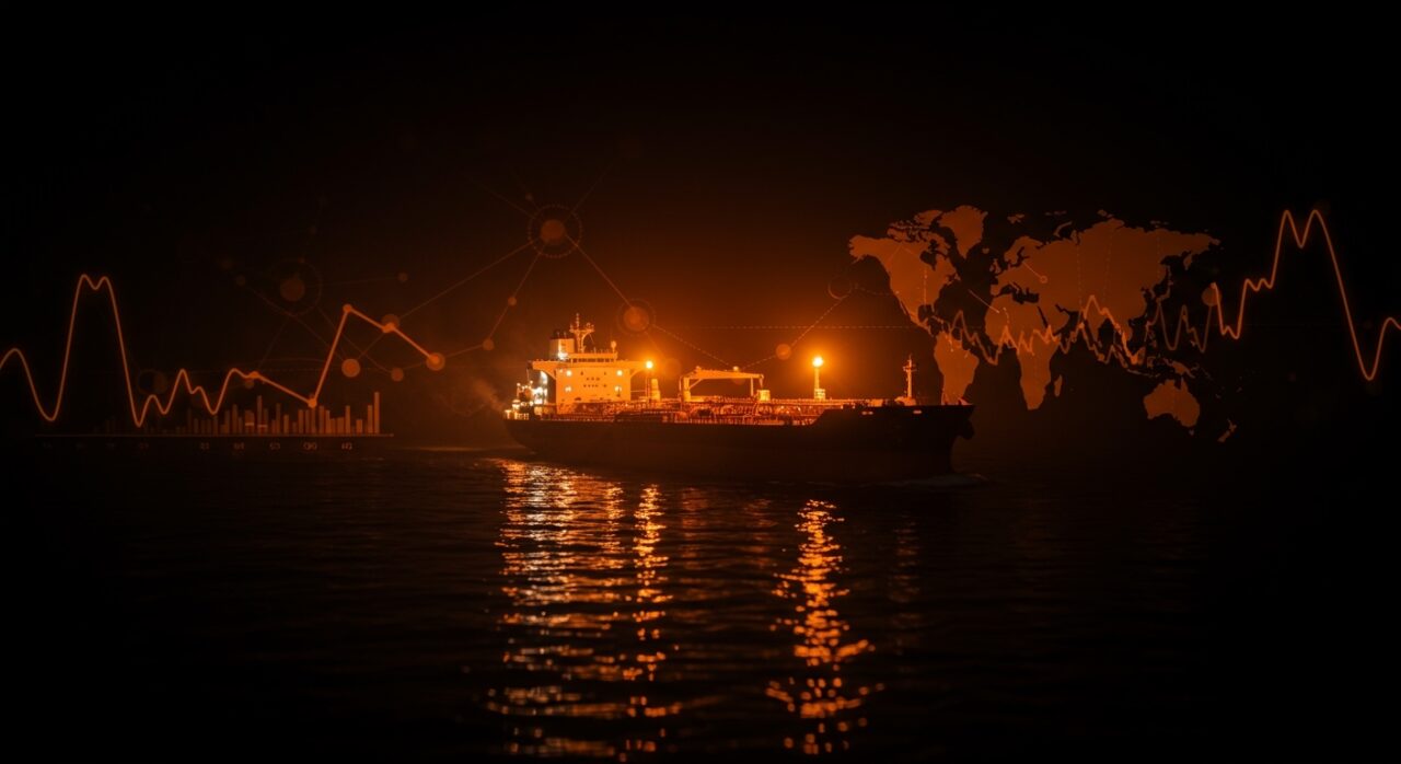 Impacto de la guerra en Irán en el precio del fuel oil con un petrolero navegando el Estrecho de Ormuz y cadenas de suministro globales.