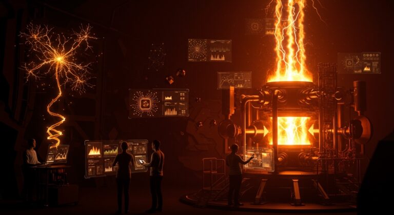 Reactor de fusión nuclear futurista y emprendedores colaborando con tecnología AI, simbolizando innovación en energía limpia y startups disruptivas.
