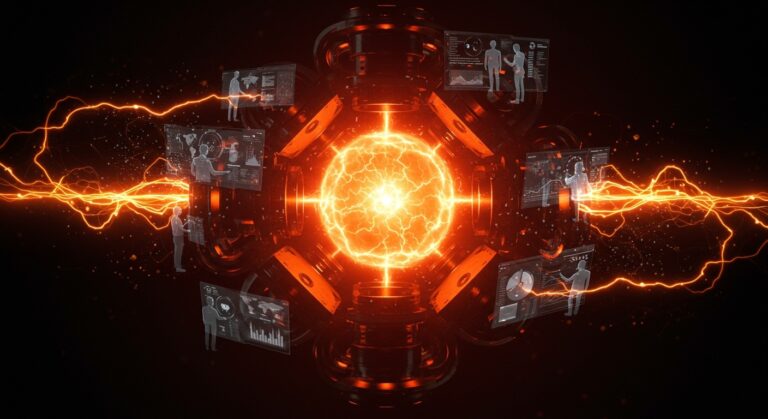 Reactor de fusión nuclear futurista con plasma naranja vibrante y startups innovadoras representadas por hologramas, simbolizando tecnología disruptiva en energía limpia.