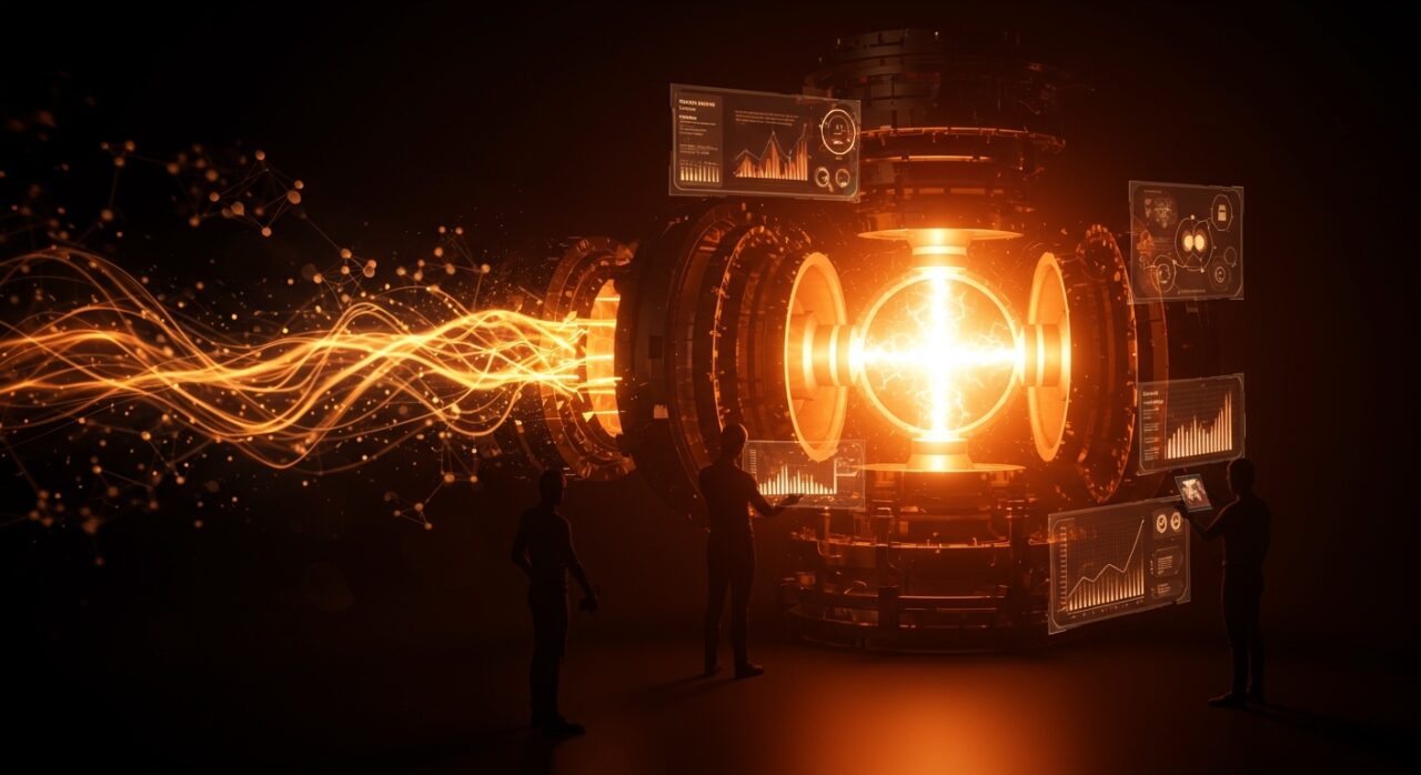 Ilustración de fusión nuclear en energía limpia con startups tecnológicas innovadoras impulsando la revolución del sector energético.