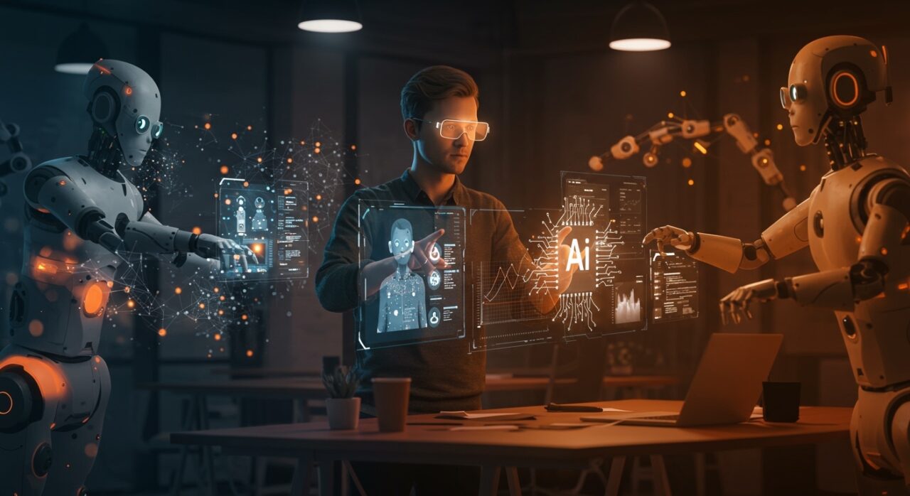 Fundador tecnológico interactuando con asistentes IA y agentes autónomos en un entorno de automatización innovadora para startups.