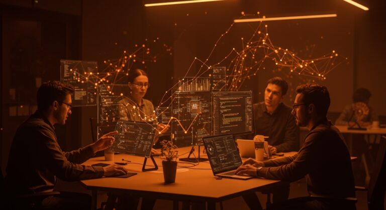 Fundadores tech colaborando con interfaces digitales futuristas y visuales de inteligencia artificial y automatización en desarrollo de software.