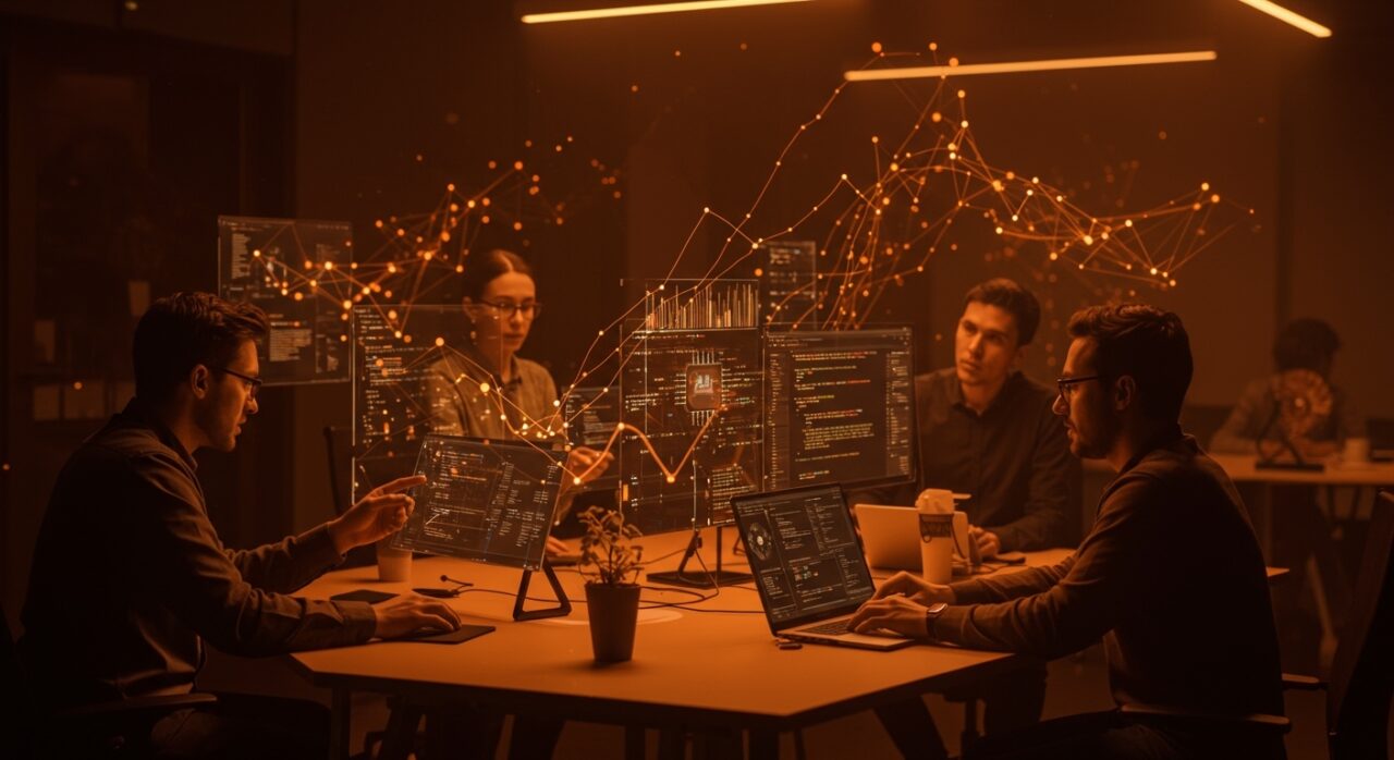 Fundadores tech colaborando con interfaces digitales futuristas y visuales de inteligencia artificial y automatización en desarrollo de software.