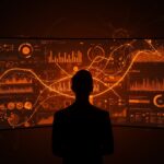 Fundador frente a pantalla holográfica visualizando transformación del trabajo y oportunidades con IA en la era de la automatización.