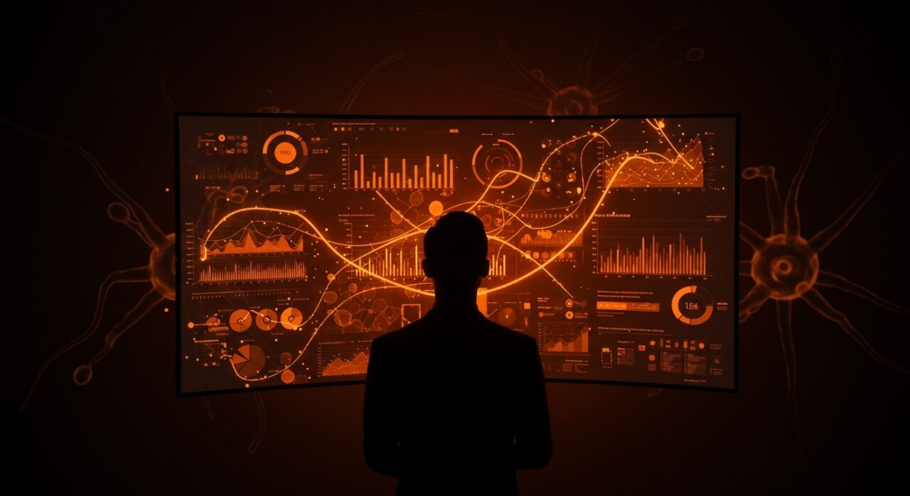 Fundador frente a pantalla holográfica visualizando transformación del trabajo y oportunidades con IA en la era de la automatización.