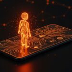 Agente de inteligencia artificial emergiendo de un smartphone, representando la automatización y futuro de la tecnología móvil en startups tech.