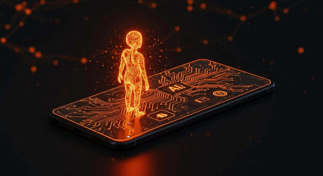 Agente de inteligencia artificial emergiendo de un smartphone, representando la automatización y futuro de la tecnología móvil en startups tech.