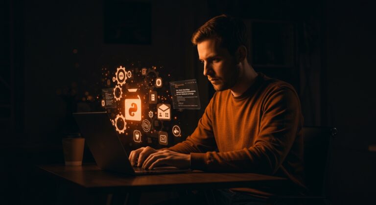 Fundador tech utilizando Fyn, gestor de paquetes Python rápido y privado sin telemetría, en ambiente tecnológico con metáforas visuales de automatización y privacidad.