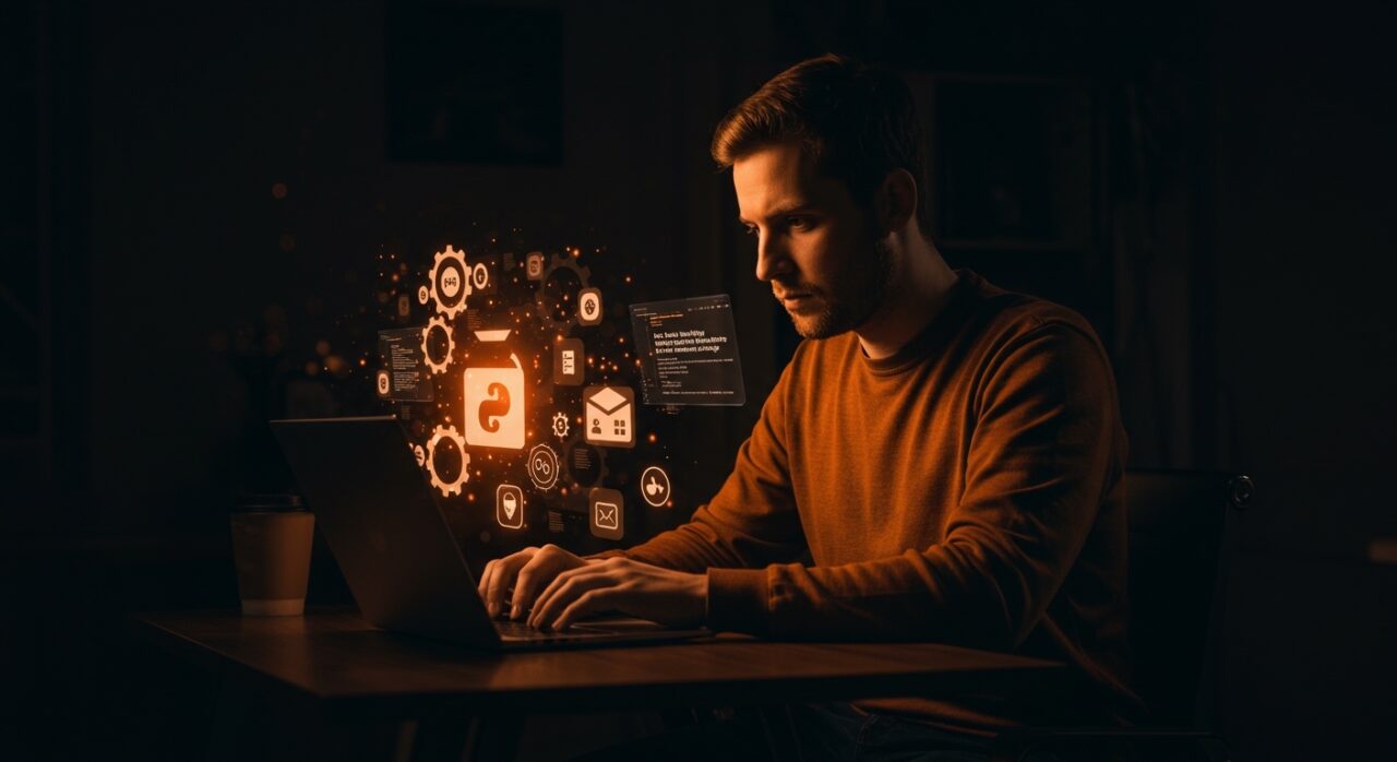 Fundador tech utilizando Fyn, gestor de paquetes Python rápido y privado sin telemetría, en ambiente tecnológico con metáforas visuales de automatización y privacidad.