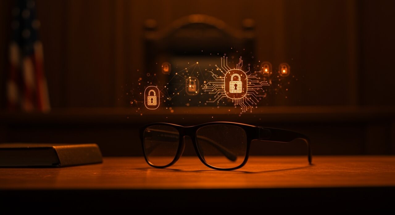 Gafas inteligentes prohibidas en cortes de Filadelfia representando regulación tecnológica y privacidad en IA y wearables.