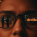 Persona usando gafas inteligentes Meta Ray-Ban con reflejos digitales que simbolizan riesgos de privacidad y vigilancia con IA wearable.