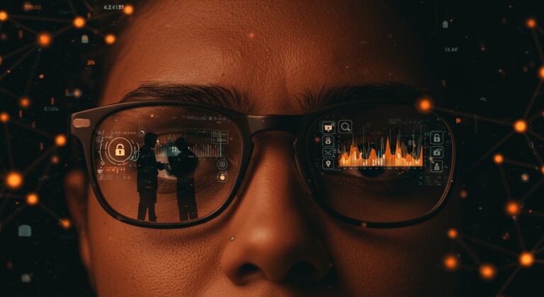 Persona usando gafas inteligentes Meta Ray-Ban con reflejos digitales que simbolizan riesgos de privacidad y vigilancia con IA wearable.