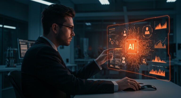 Profesional empresario analizando interfaz digital de testing de inteligencia artificial empresarial con visualización de redes neuronales y flujo de inversión en IA.