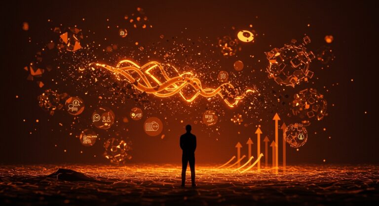 Founder tecnológico frente a una red neuronal fragmentada simbolizando el gap de confianza en inteligencia artificial para startups.