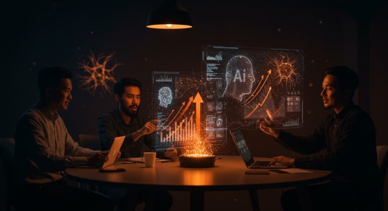 Brecha de habilidades en IA impactando startups y fuerza laboral, ilustrada con profesionales y datos digitales en tonos naranja y negro.