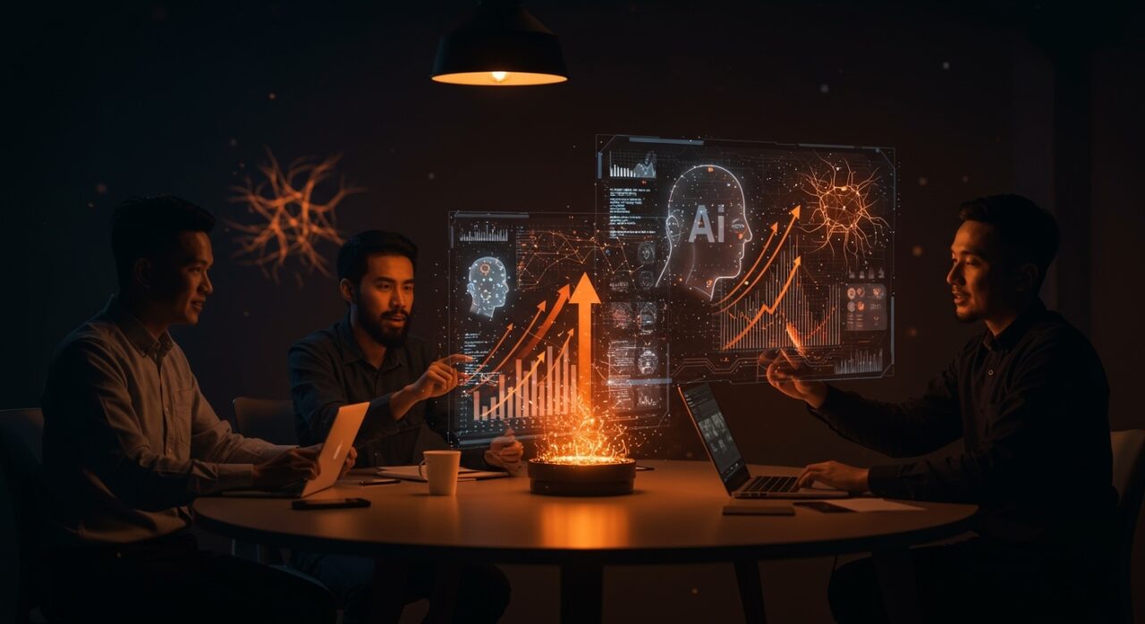 Brecha de habilidades en IA impactando startups y fuerza laboral, ilustrada con profesionales y datos digitales en tonos naranja y negro.