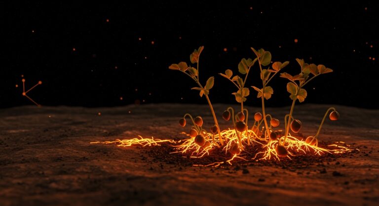 Cultivo de garbanzos en regolito lunar simulado con hongos micorrízicos, un avance clave en la agricultura espacial y colonización lunar.