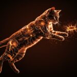 Gato en pleno giro aéreo demostrando el reflejo de enderezamiento, ilustrando biomecánica felina e inteligencia artificial aplicada.