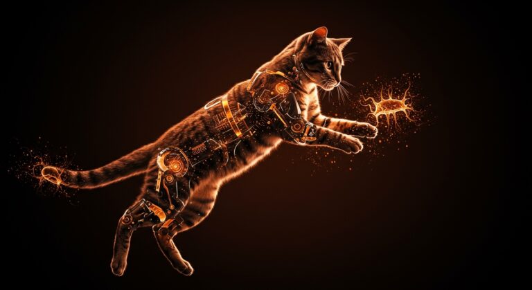 Gato en pleno giro aéreo demostrando el reflejo de enderezamiento, ilustrando biomecánica felina e inteligencia artificial aplicada.