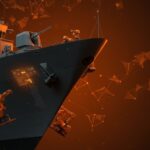 Robots de inspección trepadores y IA aplicada al mantenimiento naval en un buque futurista con visuales de digital twins y automatización en defensa.