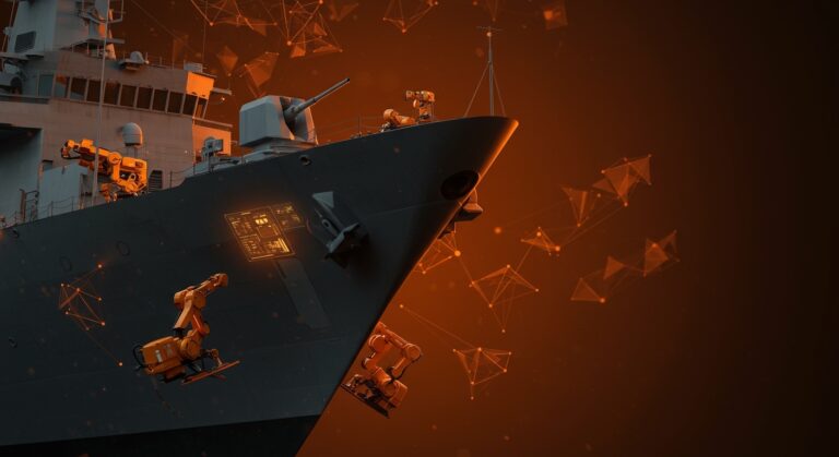 Robots de inspección trepadores y IA aplicada al mantenimiento naval en un buque futurista con visuales de digital twins y automatización en defensa.