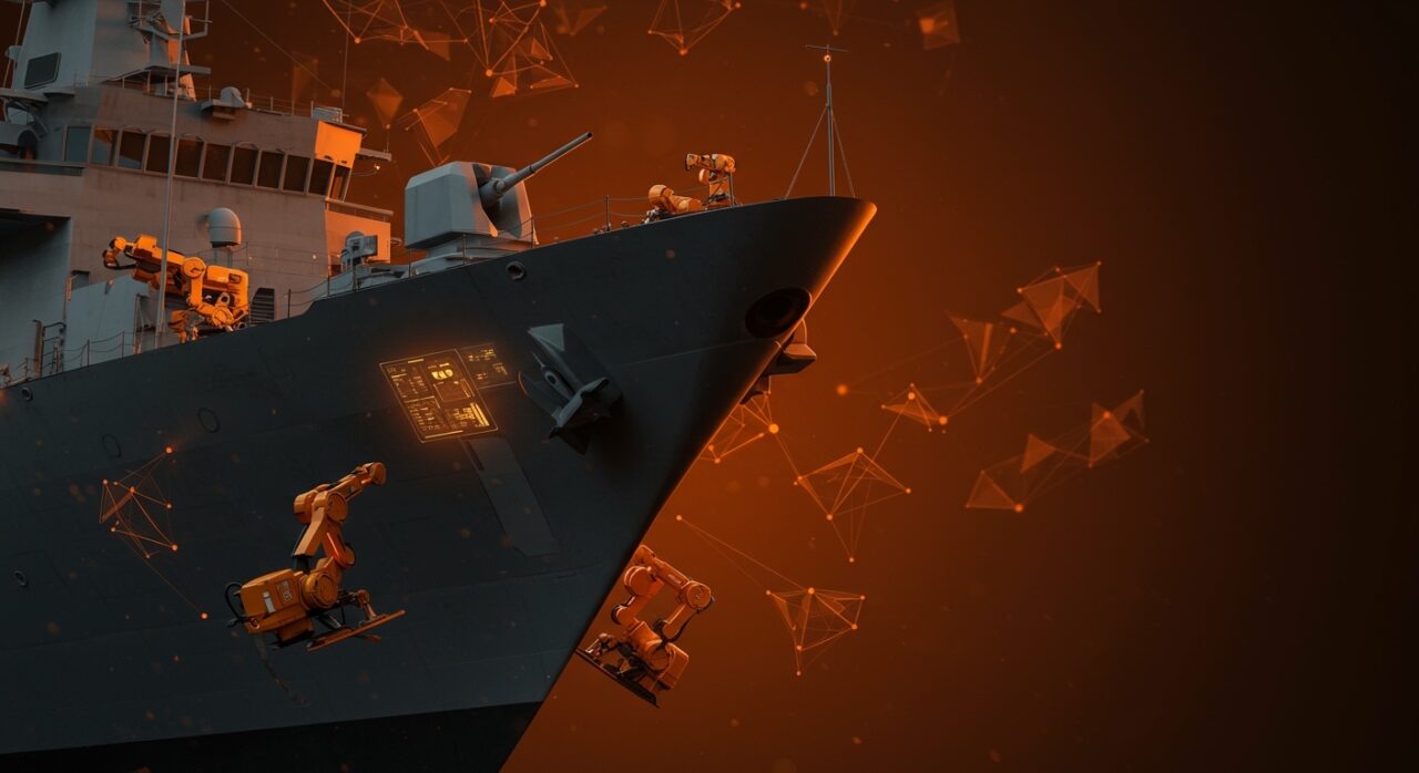 Robots de inspección trepadores y IA aplicada al mantenimiento naval en un buque futurista con visuales de digital twins y automatización en defensa.