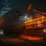 Robótica industrial de Gecko Robotics realizando mantenimiento predictivo en un buque naval para la Marina de Estados Unidos, mostrando innovación en automatización robotica y defensa.