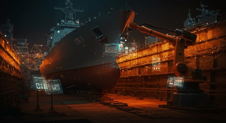 Robótica industrial de Gecko Robotics realizando mantenimiento predictivo en un buque naval para la Marina de Estados Unidos, mostrando innovación en automatización robotica y defensa.