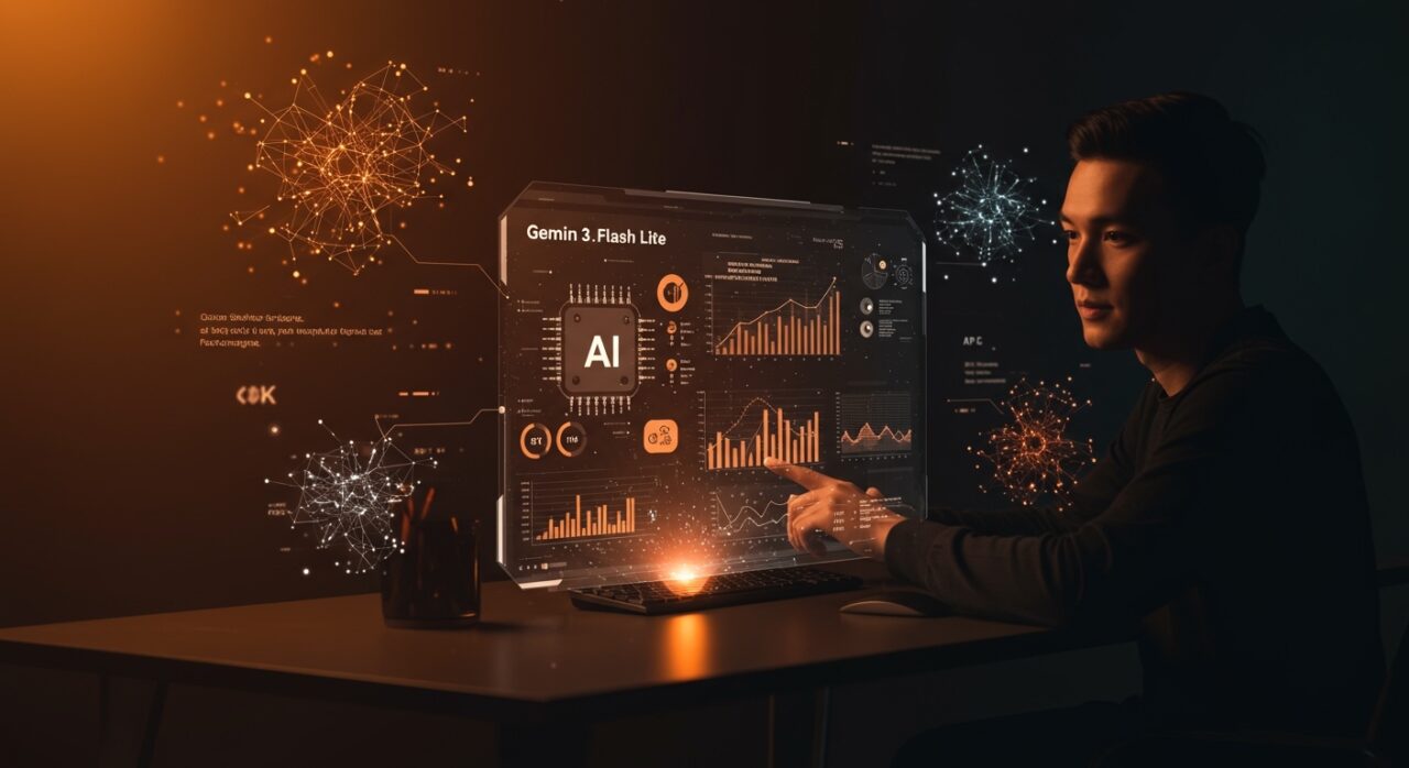 Interfaz holográfica del modelo de inteligencia artificial Gemini 3.1 Flash Lite de Google mostrando eficiencia en automatización para startups.