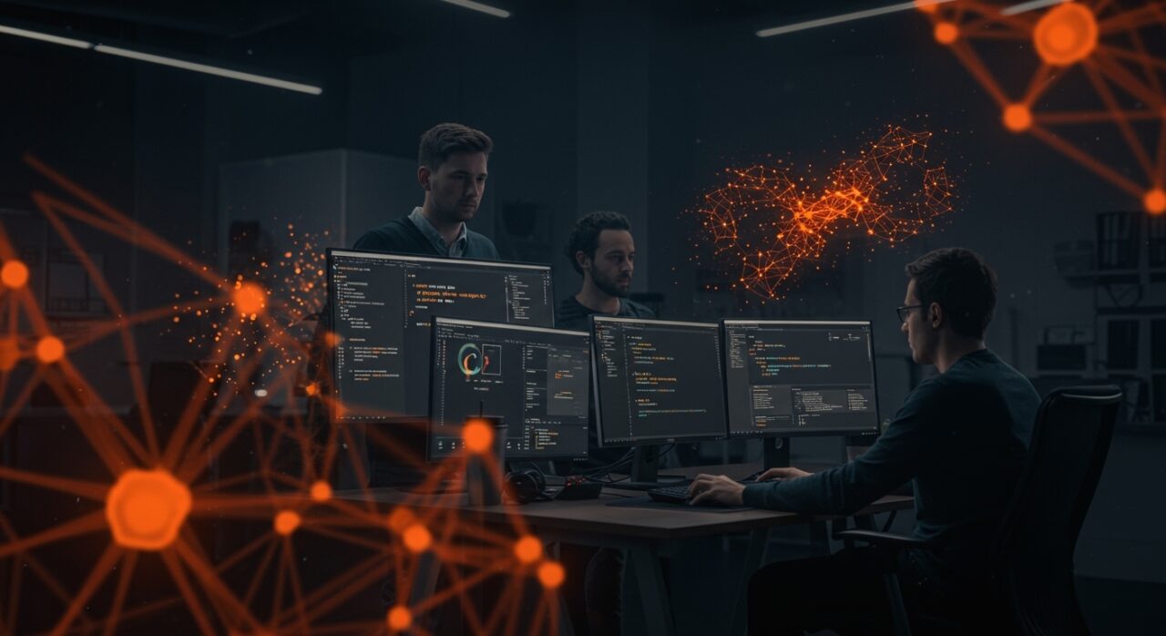 Equipo tecnológico colaborando con Gemini Code Assist en IDEs, mostrando automatización y productividad real con IA aplicada al desarrollo de software.