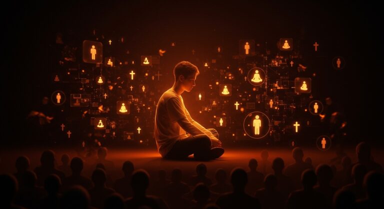Generación Z y espiritualidad en 2026 representada por un joven en un entorno digital con símbolos de fe y comunidad espiritual digital.