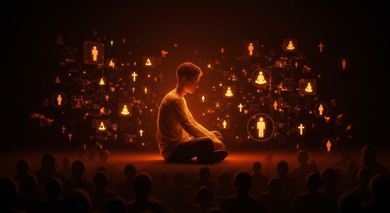 Generación Z y espiritualidad en 2026 representada por un joven en un entorno digital con símbolos de fe y comunidad espiritual digital.